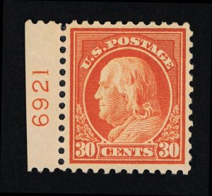 EXCELLENT GENUINE SCOTT #516 F-VF MINT OG H 1917 ORANGE RED PLATE #6921 SINGLE