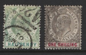 Gibraltar 1903 Wmk CA ½d, 1s vgu sg46, 51 cat £51