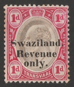 SWAZILAND 1904 'Swaziland Revenue only' on KEVII Transvaal 1d. Rare mint.