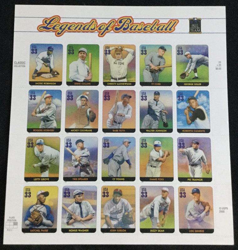 US #3408 MNH Sheet of 20 Legends of Baseball SCV $15.00 L24