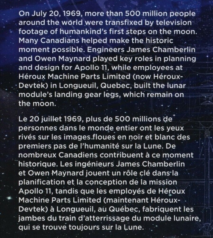APOLLO 11 = 50th MOON LANDING = Booklet page of 2  Canada 2019 #3188-9