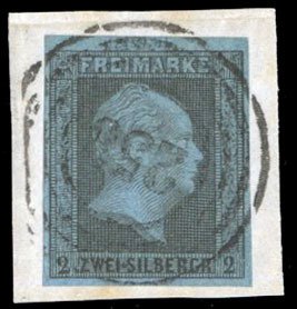 German States, Prussia #4 Cat$16, 1850 2sg black on blue, used on piece