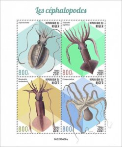 Niger - 2021 Cephalopods, Squid, Octopus - 4 Stamp Sheet - NIG210408a