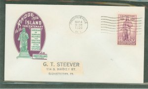 US 777 1936 3c Rhode Island Tercentenary (Roger Williams)single on an addressed (label) first day cover.