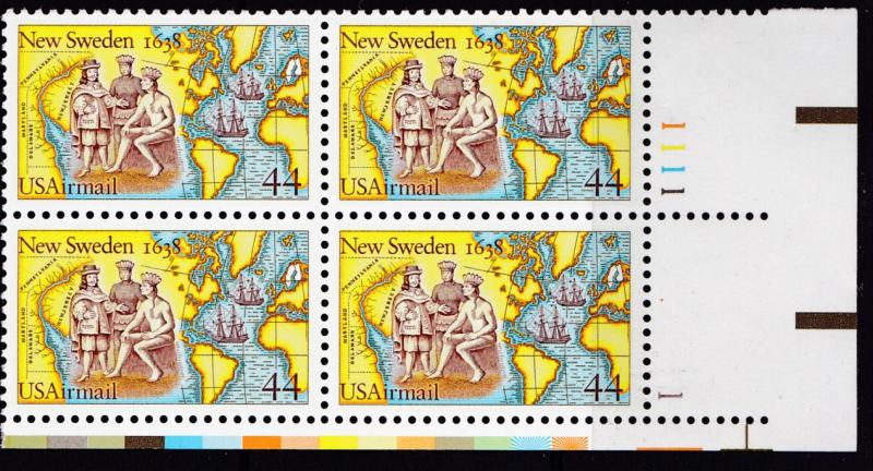 U.S. 1988 New Sweden Airmail Plate Number Block of Four  VF/NH