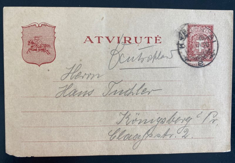 1928 Lithuania Postal Stationery Postcard Cover To Konigsberg Germany