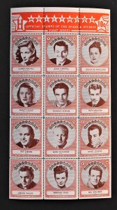 Hollywood Star Stamps S/S of 12, 1947 Lauren Bacall, Orson Wells, John Carroll