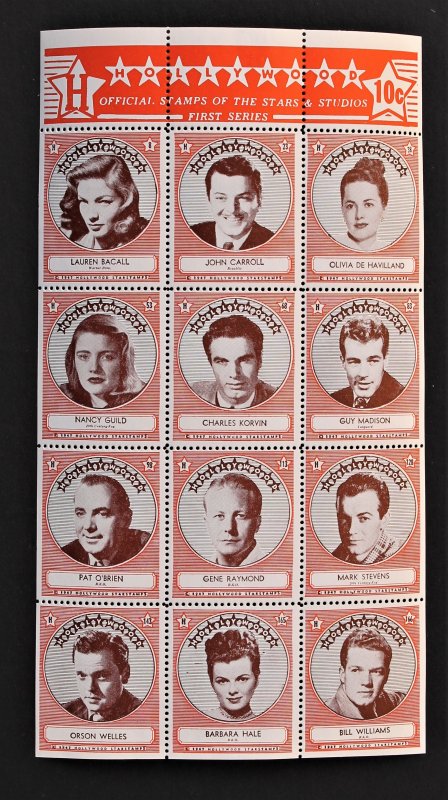 Hollywood Star Stamps S/S of 12, 1947 Lauren Bacall, Orson Wells, John Carroll