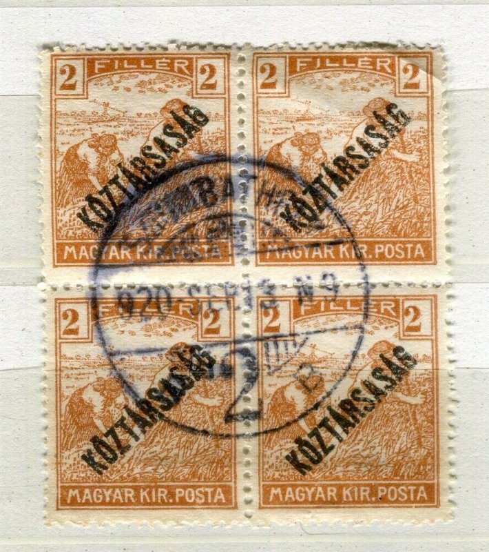 HUNGARY; 1920 early Optd. Harvesters issue fine used 2f. Postmark Block of 4