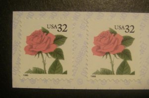 Scott 2492g, 32c Pink Rose coil pair, Type C backing, MNH Beauty