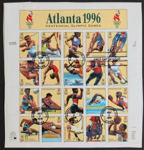 US Used #3068 32c Atlanta Olympics. Sheet of 20 (on piece). First Day Cancel.