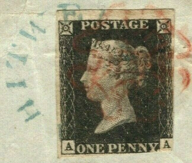 GB PENNY BLACK (AA) BRIGHT BLUE Undated *WHITWELL* Cancel 1840 Piece RARE YBLUE5 