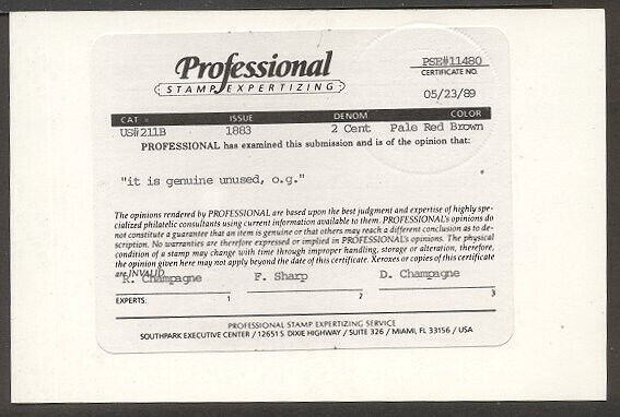 U.S. #211B SCARCE Mint NH w/ Cert - 2c Pale Red Brown, SPECIAL PRINTING