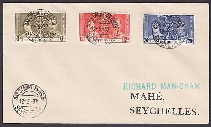 SEYCHELLES 1937 Coronation set on cover Bay St Anne Praslin cds............a3768