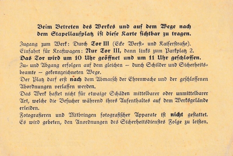 Germany: 1936 KMS Gneisenau launching ticket (M7009)