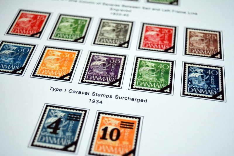 COLOR PRINTED DENMARK [CLASS] 1851-1955 STAMP ALBUM PAGES (27 illustrated pages)