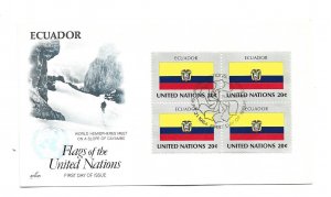 United Nations #431 Flag Series 1984, Ecuador ArtCraft block of  4  FDC