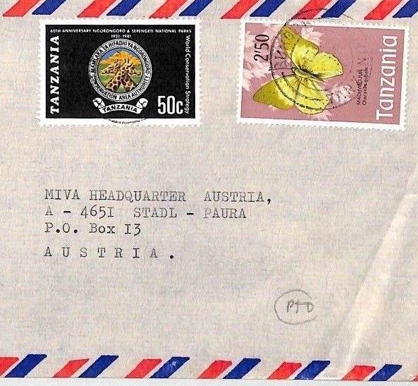 CF226 1981 Tanzania *PRIVATE BAG BUKOBA* MISSIONARY Air Cover MIVA Austria