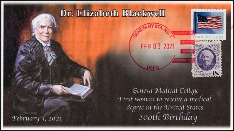 21-021, 2021,Elizabeth Blackwell, Event Cover, Local Postmark, 200th Birthday,