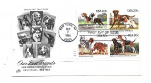 2098-01 Dogs ArtCraft plate block, FDC