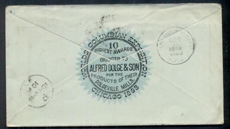 1896 ALFRED DOLGE & SON front/back MAP BUFFALO to NY, 2¢ tied w/flag cancel