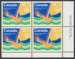Canada - #B6i Semi Postal Olympic Water Sports Plate Block - LF Paper - MNH