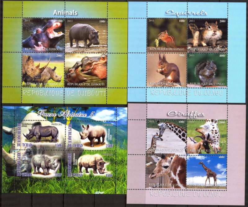 Congo Djibouti Chad Rhinoceros Squirrels  Giraffes 4 sh. MNH Private {s039}