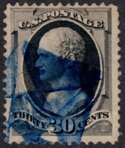 US #165 1873 30c F/VF Used, BLUE FANCY CANCELATION! cv $145.00  *Bay Stamps*
