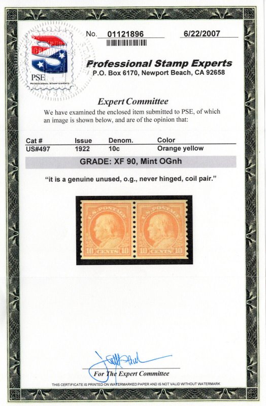 Scott 497, MNH, NEVER HINGED Coil Pair, PSE Graded XF 90 Cert