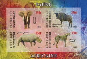 Cote D'Ivoire Wild Animals Elephant Imperforated Souvenir Sheet of 4 stamps Mint