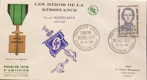 P) 1958 FRANCE, FDC, MEDAL MICHEL-LEVY, HEROES OF THE RESISTANCE STAMP, XF