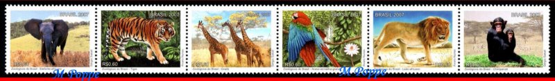 3029 BRAZIL 2007 ZOO, ELEPHANT, GIRAFFE, LION, BIRDS, PARROT, MONKEY, STRIP MNH