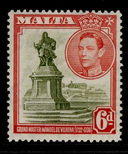 MALTA GVI SG225, 6d olive-green and scarlet, LH MINT.