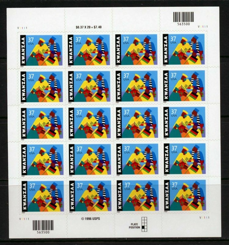 SCOTT#3673 37c KWANZAA SHEET OF 20 MNH