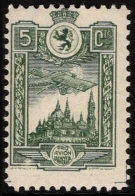 1936 Spain Civil War Local Post Zaragoza 5 Centimo Green Pro Avión Unused