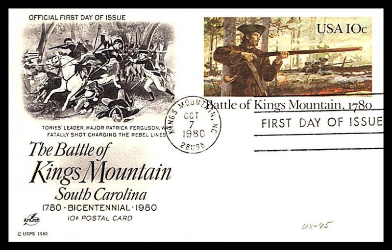 #UX85 Battle of Kings Mountain -Post Card - Artcraft Cachet 18EV