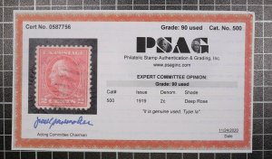 Scott 500 - 2 Cents Washignton - Used - Nice Stamp PSAG Cert Grade 90 SCV $425
