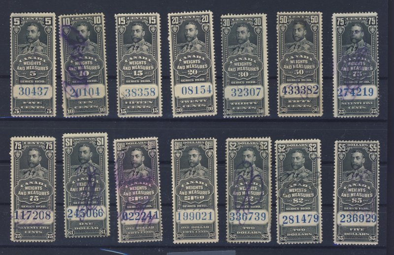 14x Canada Revenue W&M Stamps; #FWM60 to FWM71 w Dup U F/VF Guide Value=$80.50