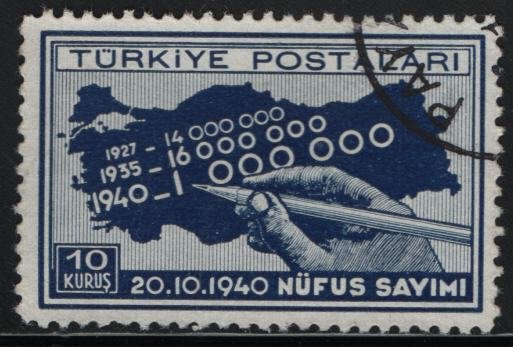 TURKEY, 854, USED, 1940, MAP OF TURKEY AND CENSUS FIGURES