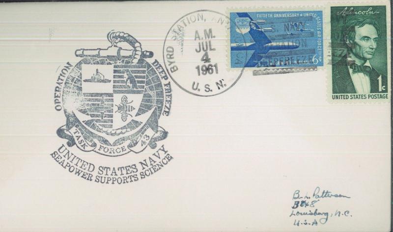 1961 Antarctica US Navy Operation Deep Freeze BYRD Station Postal Cover 
