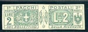 Postal parcels Lire 2 green n. 13f not perforated