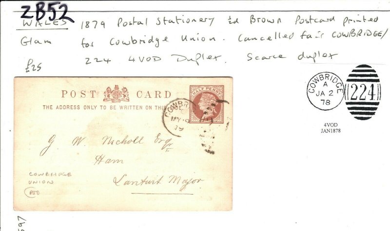 GB Wales Stationery Card *COWBRIDGE UNION* *224* 4VOD Duplex Glamorgan 1878 ZB52 