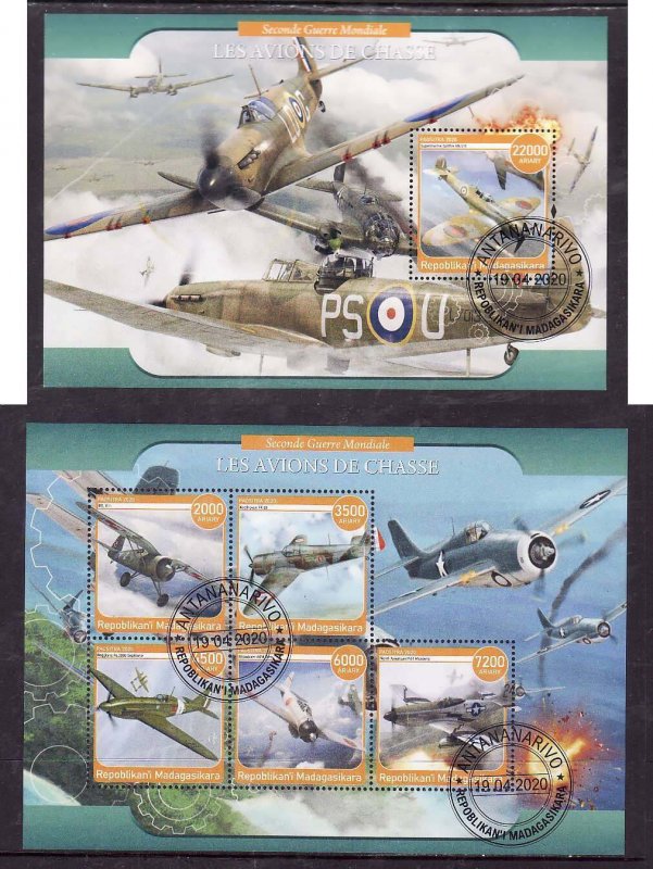 Malagasy- id9-two used sheets-Military-Fighter Planes-WWII-Spitfire Mk V B-2020-