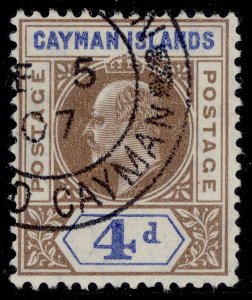 CAYMAN ISLANDS EDVII SG13, 4d brown & blue, VERY FINE USED. Cat £60. CDS
