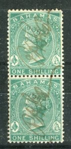 BAHAMAS; 1867 early classic QV Crown CC issue used 1s. Pair Revenue cancel