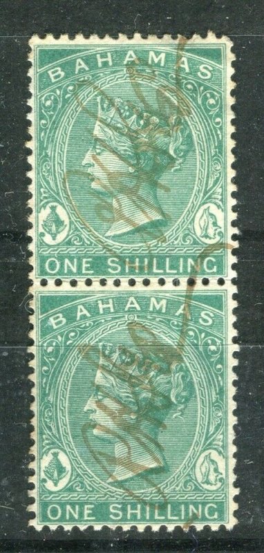 BAHAMAS; 1867 early classic QV Crown CC issue used 1s. Pair Revenue cancel