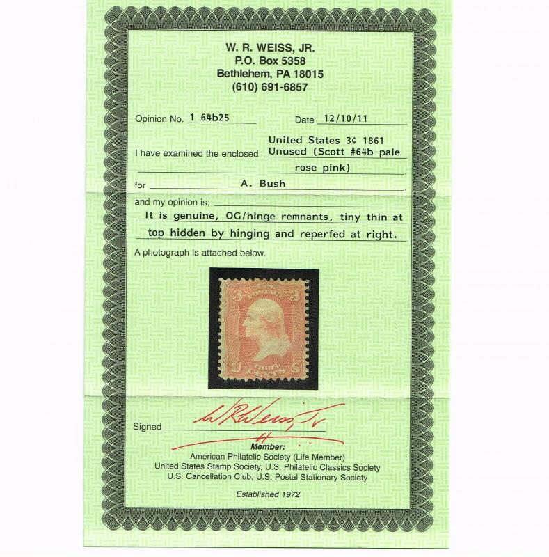 GENUINE SCOTT #64b F-VF MINT OG WEISS CERT 1861 ROSE PINK - GEORGE WASHINGTON