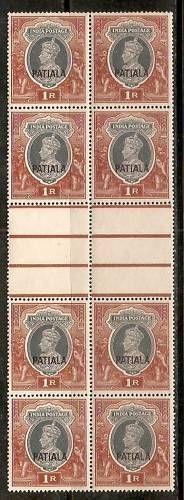 India PATIALA State 1R KG VI Gutter BLK/4 SG102 Cat. £140 MNH