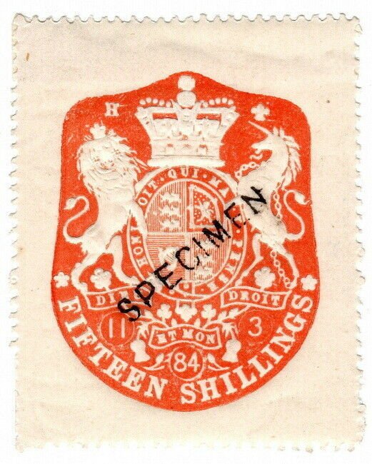 (I.B) QV Revenue : General Duty Adhesive 15/- (die H) specimen (unlisted) 