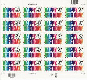 Happy Birthday Sheet of Twenty 37 Cent Stamps Scott 3695